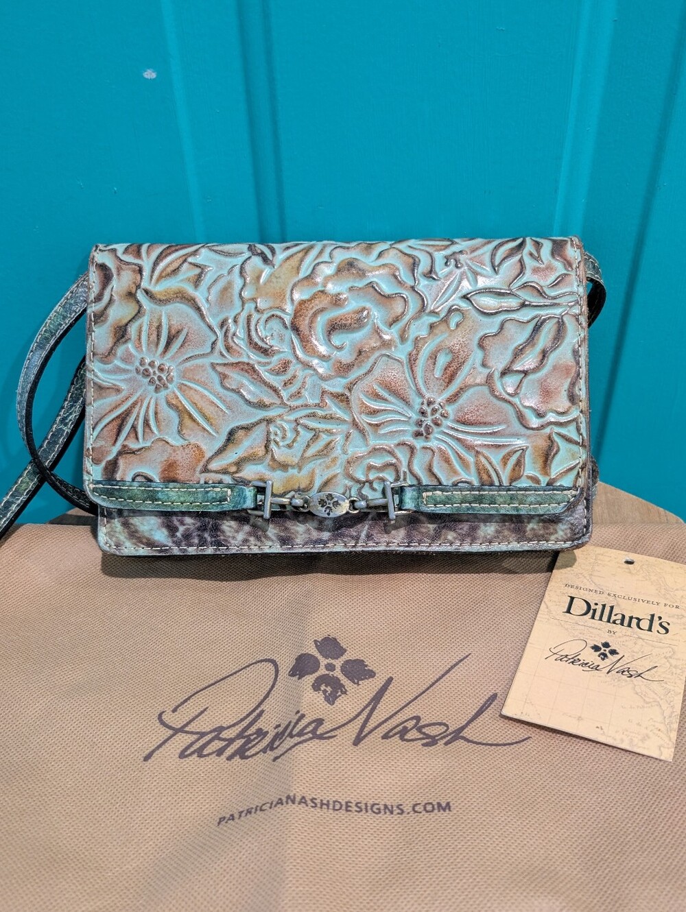 Patricia Nash Apricale Floral Tooled Leather Crossbody - Turquoise